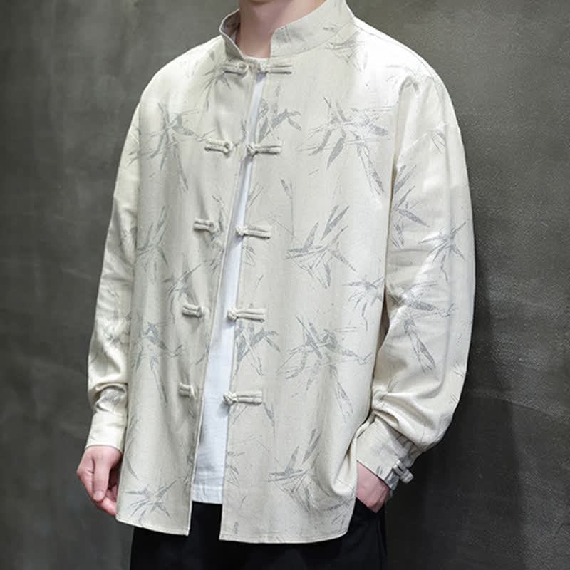 Buddha Stones Camisas de manga larga para hombre estilo Tang vintage con cuello mandarín y estampado de hojas de bambú, de algodón y lino. - image 10
