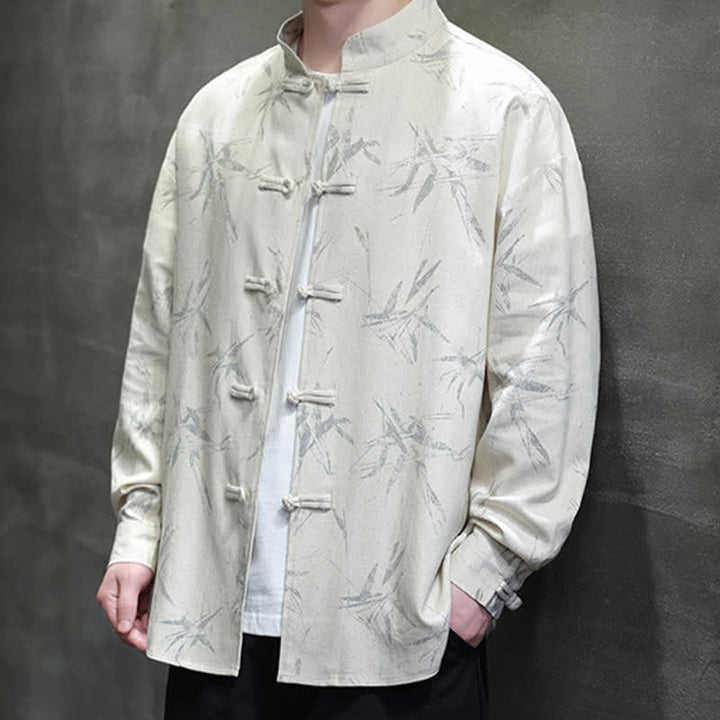Buddha Stones Camisas de manga larga para hombre estilo Tang vintage con cuello mandarín y estampado de hojas de bambú, de algodón y lino. - image 10