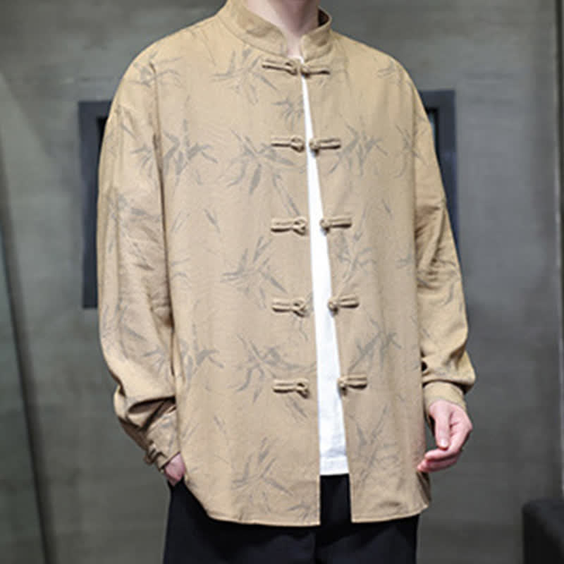 Buddha Stones Camisas de manga larga para hombre estilo Tang vintage con cuello mandarín y estampado de hojas de bambú, de algodón y lino. - image 19