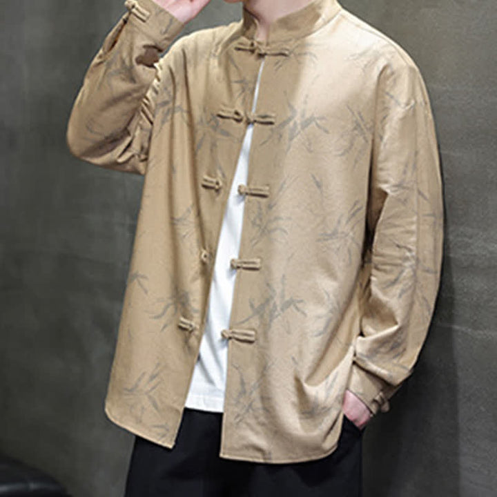 Buddha Stones Camisas de manga larga para hombre estilo Tang vintage con cuello mandarín y estampado de hojas de bambú, de algodón y lino. - image 14