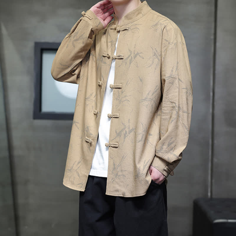 Buddha Stones Camisas de manga larga para hombre estilo Tang vintage con cuello mandarín y estampado de hojas de bambú, de algodón y lino. - image 16