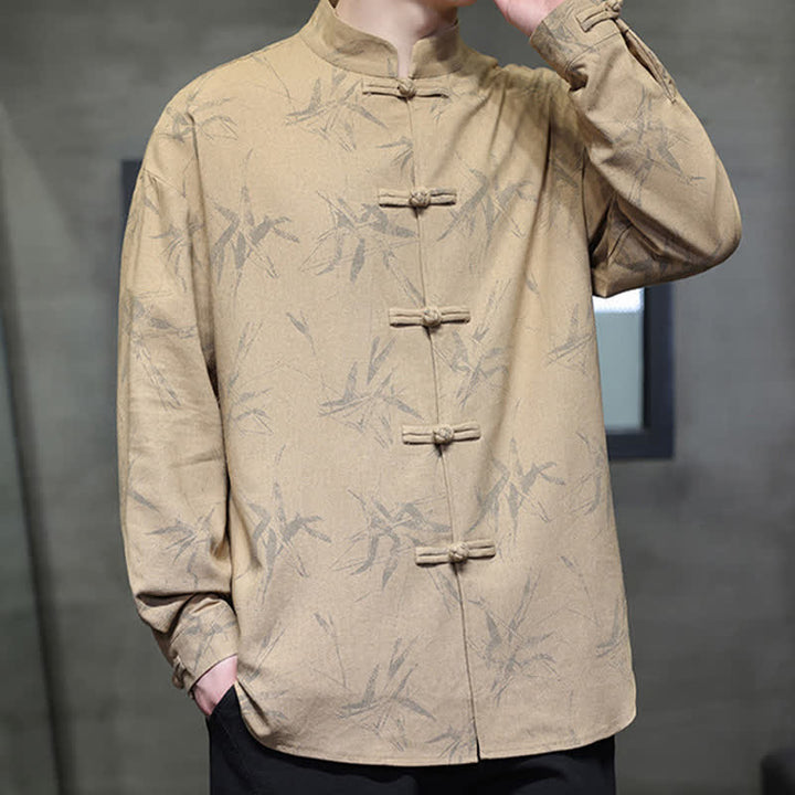 Buddha Stones Camisas de manga larga para hombre estilo Tang vintage con cuello mandarín y estampado de hojas de bambú, de algodón y lino. - image 12