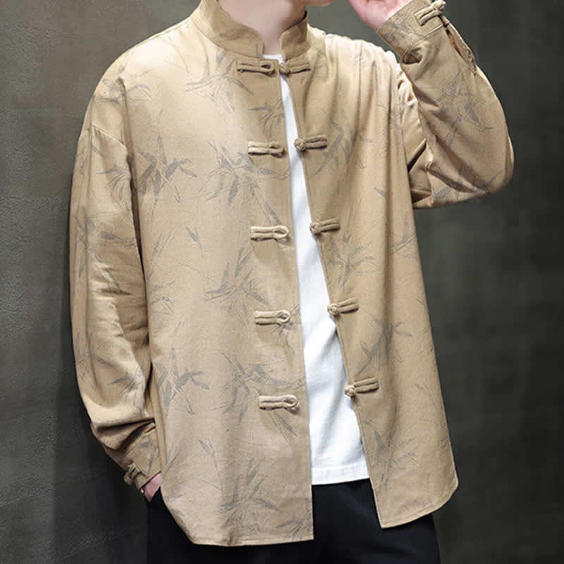 Buddha Stones Camisas de manga larga para hombre estilo Tang vintage con cuello mandarín y estampado de hojas de bambú, de algodón y lino. - image 18