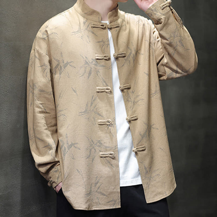 Buddha Stones Camisas de manga larga para hombre estilo Tang vintage con cuello mandarín y estampado de hojas de bambú, de algodón y lino. - image 18