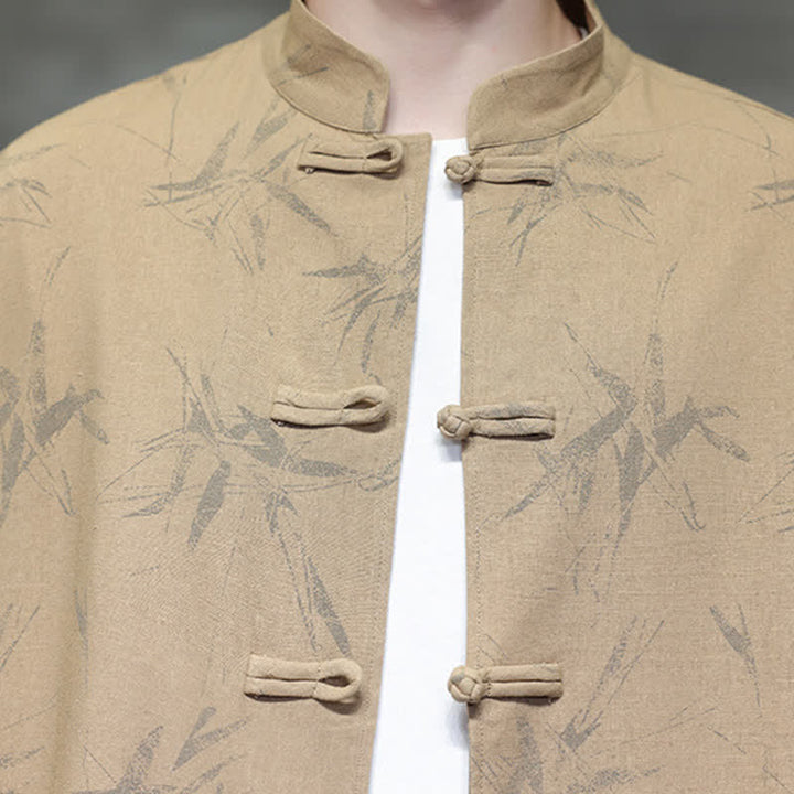 Buddha Stones Camisas de manga larga para hombre estilo Tang vintage con cuello mandarín y estampado de hojas de bambú, de algodón y lino. - image 20