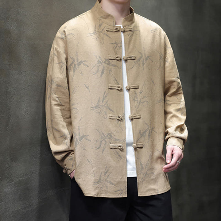 Buddha Stones Camisas de manga larga para hombre estilo Tang vintage con cuello mandarín y estampado de hojas de bambú, de algodón y lino. - image 17