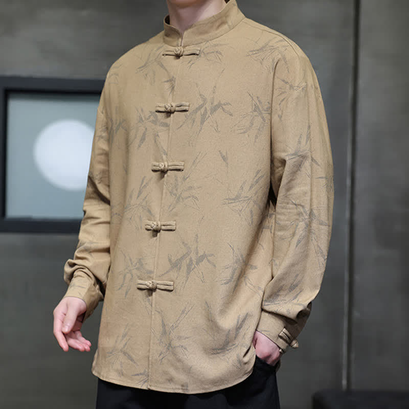 Buddha Stones Camisas de manga larga para hombre estilo Tang vintage con cuello mandarín y estampado de hojas de bambú, de algodón y lino. - image 13