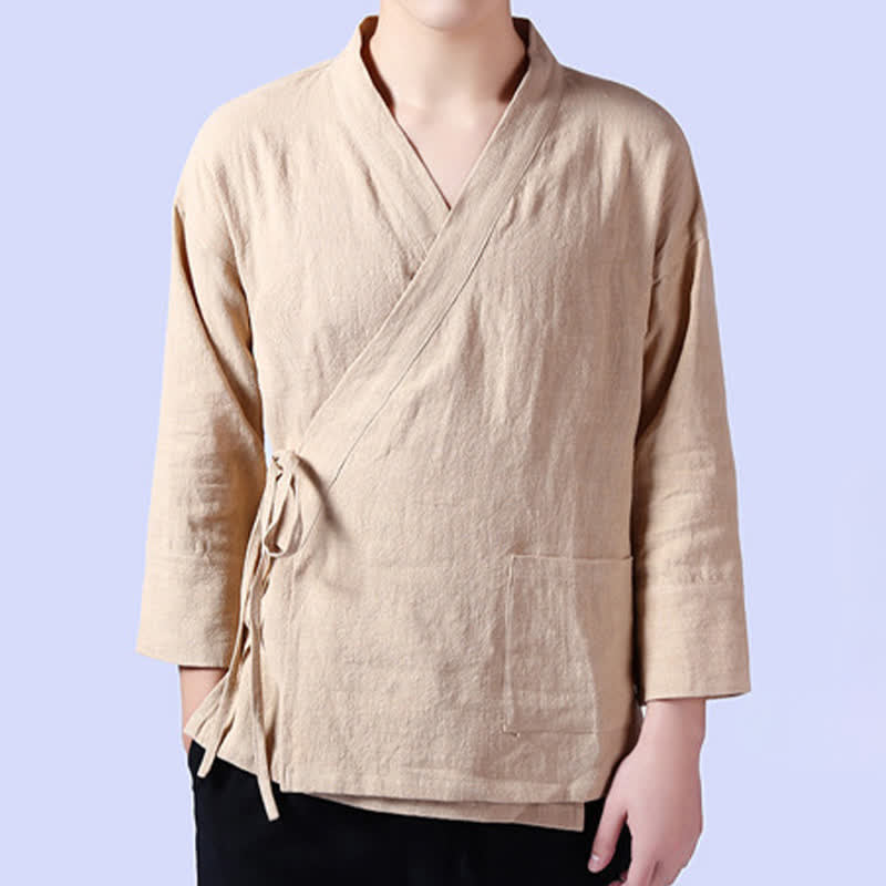 Buddha Stones Kimono de hombre de ramio liso con cordón ajustable, estilo Tang, informal de primavera, con bolsillo. - image 2