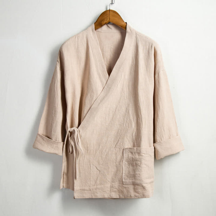 Buddha Stones Kimono de hombre de ramio liso con cordón ajustable, estilo Tang, informal de primavera, con bolsillo. - Trigo - US/UK/AU44, EU54 (4XL) - image 0