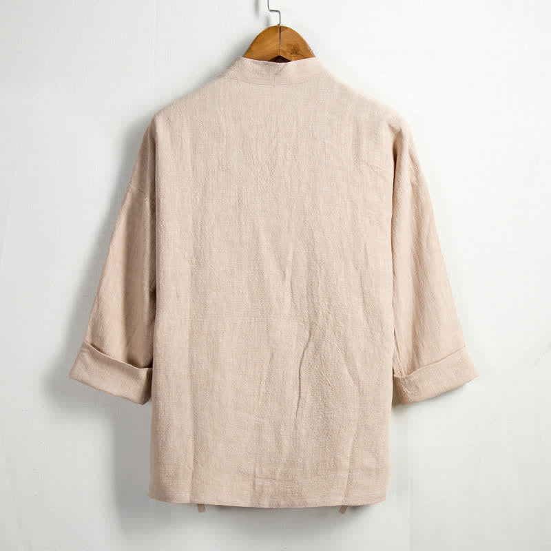 Buddha Stones Kimono de hombre de ramio liso con cordón ajustable, estilo Tang, informal de primavera, con bolsillo. - image 1