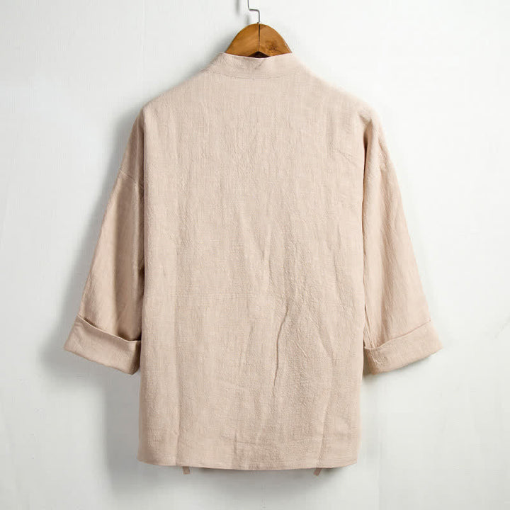 Buddha Stones Kimono de hombre de ramio liso con cordón ajustable, estilo Tang, informal de primavera, con bolsillo. - image 1