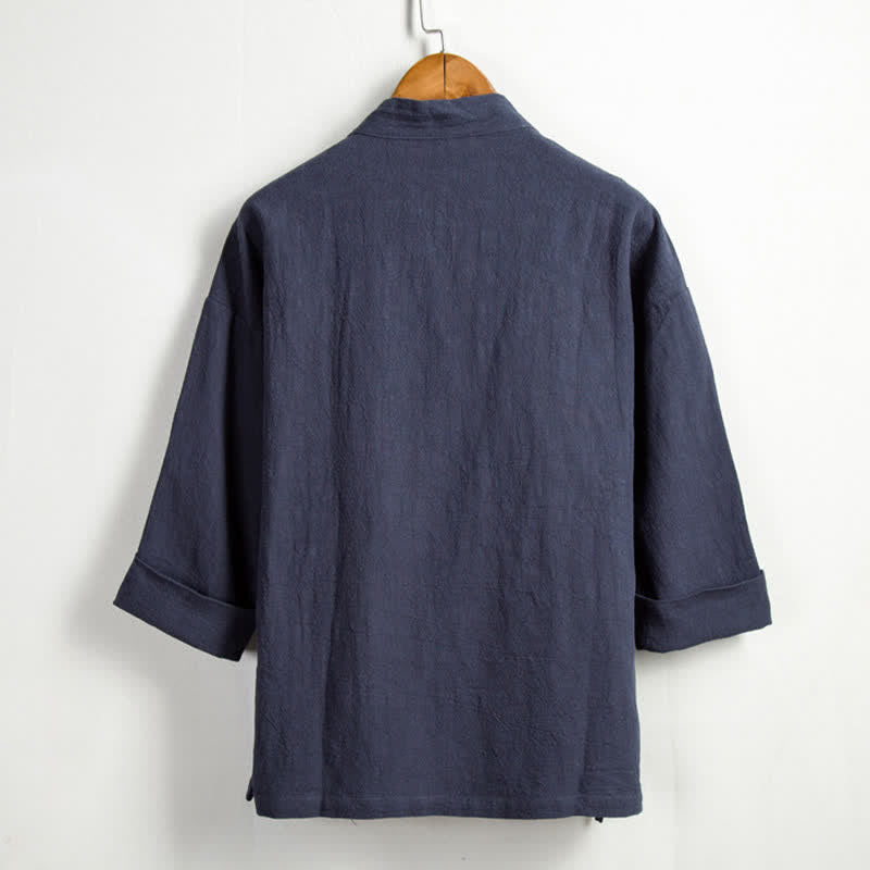 Buddha Stones Kimono de hombre de ramio liso con cordón ajustable, estilo Tang, informal de primavera, con bolsillo. - image 15