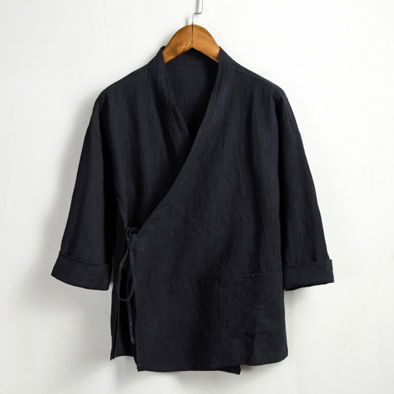 Buddha Stones Kimono de hombre de ramio liso con cordón ajustable, estilo Tang, informal de primavera, con bolsillo. - Negro - US/UK/AU44, EU54 (4XL) - image 10