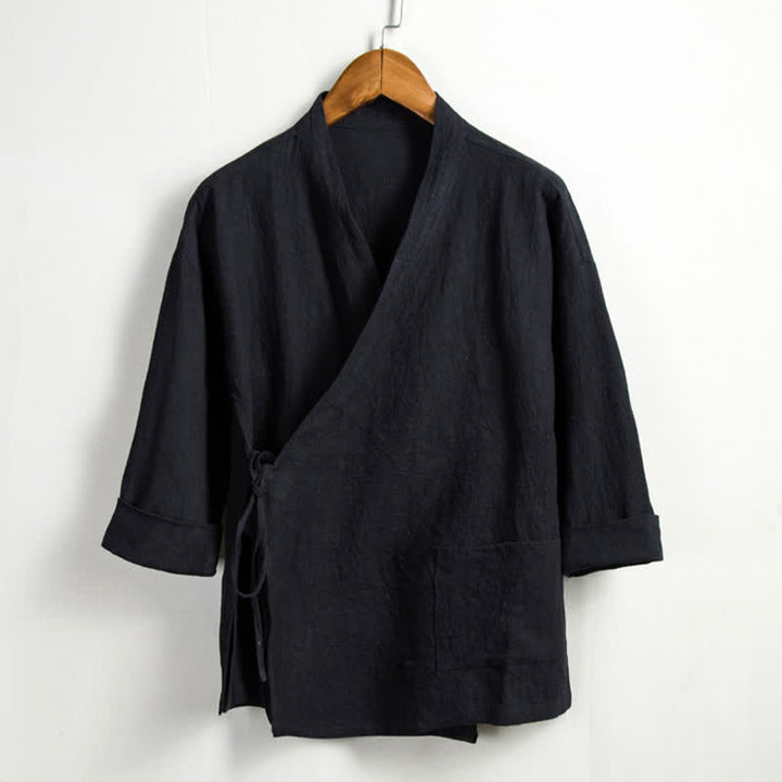 Buddha Stones Kimono de hombre de ramio liso con cordón ajustable, estilo Tang, informal de primavera, con bolsillo. - Negro - US/UK/AU44, EU54 (4XL) - image 10
