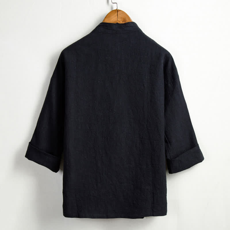 Buddha Stones Kimono de hombre de ramio liso con cordón ajustable, estilo Tang, informal de primavera, con bolsillo. - image 11