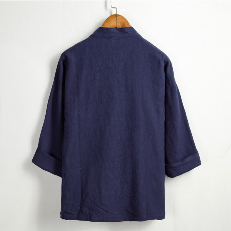 Buddha Stones Kimono de hombre de ramio liso con cordón ajustable, estilo Tang, informal de primavera, con bolsillo. - image 13
