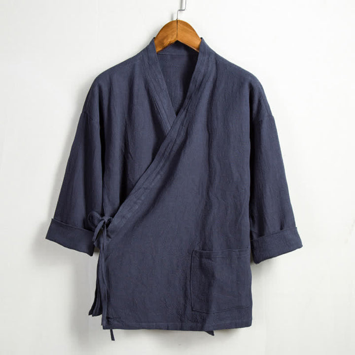 Buddha Stones Kimono de hombre de ramio liso con cordón ajustable, estilo Tang, informal de primavera, con bolsillo. - Gris pizarra - US/UK/AU44, EU54 (4XL) - image 14