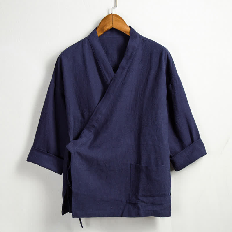 Buddha Stones Kimono de hombre de ramio liso con cordón ajustable, estilo Tang, informal de primavera, con bolsillo. - Marina de guerra - US/UK/AU44, EU54 (4XL) - image 12