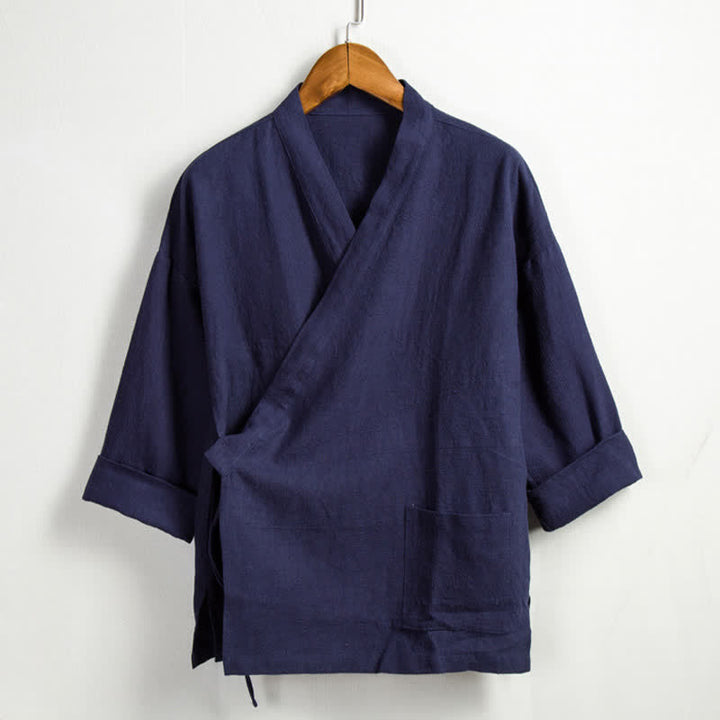Buddha Stones Kimono de hombre de ramio liso con cordón ajustable, estilo Tang, informal de primavera, con bolsillo. - Marina de guerra - US/UK/AU44, EU54 (4XL) - image 12