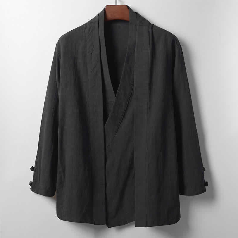 Buddha Stones Kimono de ramio para hombre, estilo casual de primavera, minimalista, con solapa lisa y estampado sencillo. - Negro - US/UK/AU44, EU54 (4XL) - image 8