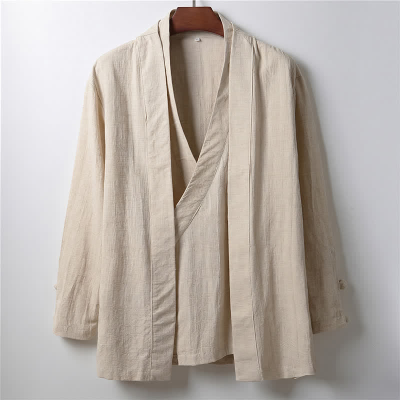 Buddha Stones Kimono de ramio para hombre, estilo casual de primavera, minimalista, con solapa lisa y estampado sencillo. - Lino - US/UK/AU44, EU54 (4XL) - image 0