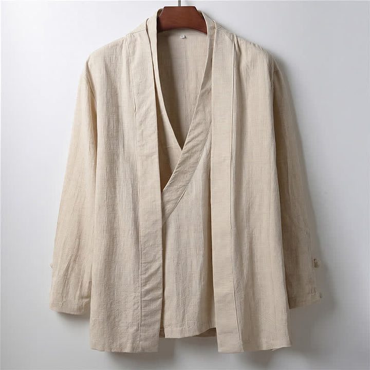 Buddha Stones Kimono de ramio para hombre, estilo casual de primavera, minimalista, con solapa lisa y estampado sencillo. - Lino - US/UK/AU44, EU54 (4XL) - image 0