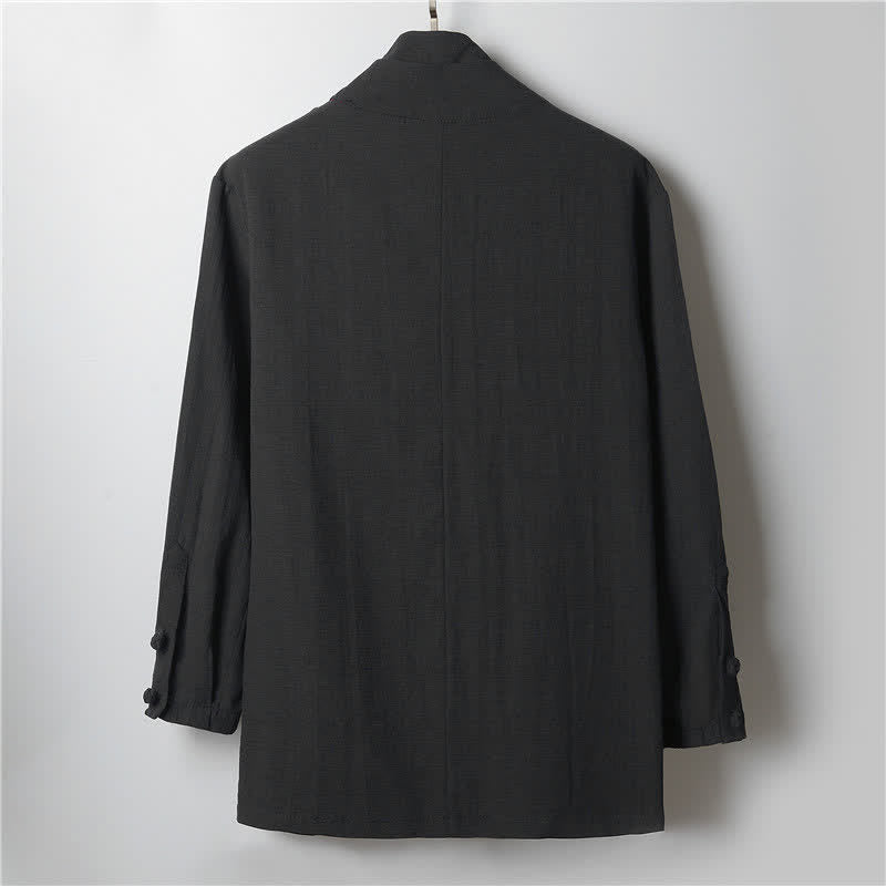 Buddha Stones Kimono de ramio para hombre, estilo casual de primavera, minimalista, con solapa lisa y estampado sencillo. - image 9