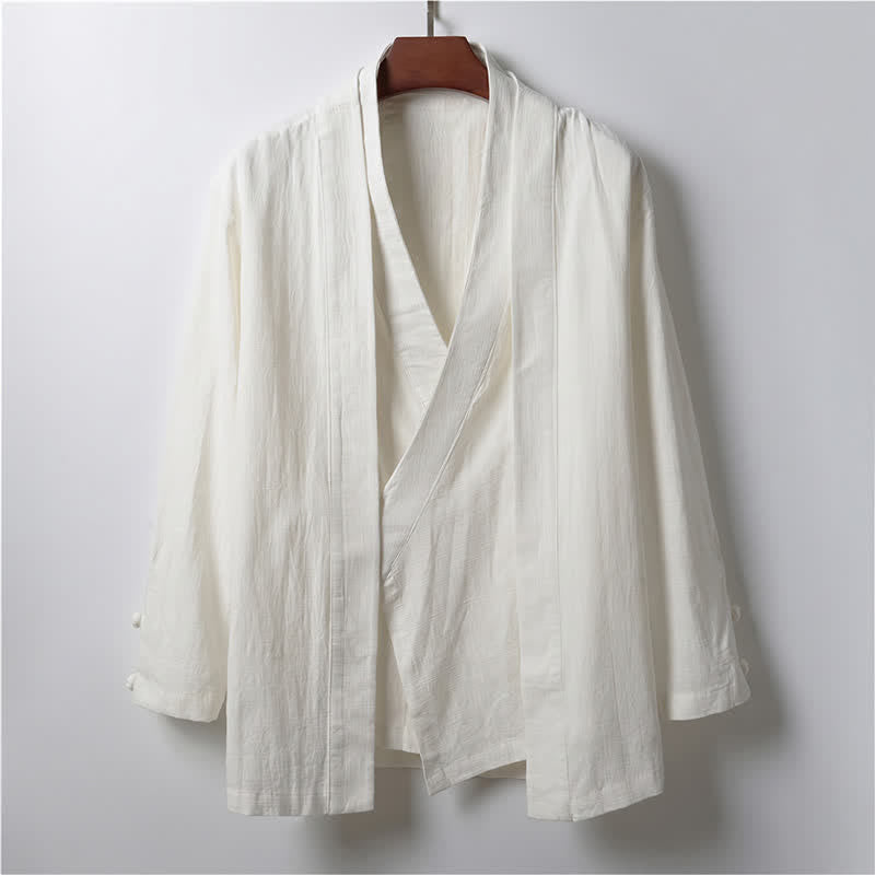 Buddha Stones Kimono de ramio para hombre, estilo casual de primavera, minimalista, con solapa lisa y estampado sencillo. - Blanco - US/UK/AU44, EU54 (4XL) - image 12