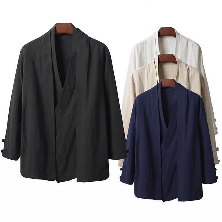 Buddha Stones Kimono de ramio para hombre, estilo casual de primavera, minimalista, con solapa lisa y estampado sencillo. - image 14