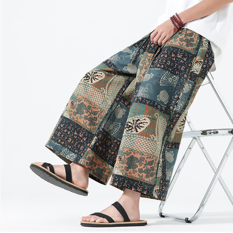 Buddha Stones Pantalones cortos de manga ancha para hombre, estilo boho casual, con cordón ajustable, estampado floral y patchwork, ideales para primavera y verano. - image 9
