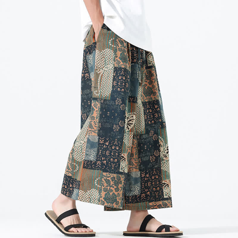 Buddha Stones Pantalones cortos de manga ancha para hombre, estilo boho casual, con cordón ajustable, estampado floral y patchwork, ideales para primavera y verano. - image 5