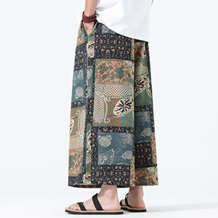 Buddha Stones Pantalones cortos de manga ancha para hombre, estilo boho casual, con cordón ajustable, estampado floral y patchwork, ideales para primavera y verano. - image 4