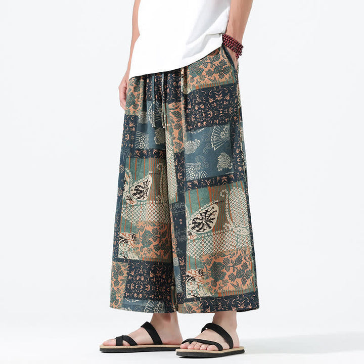 Buddha Stones Pantalones cortos de manga ancha para hombre, estilo boho casual, con cordón ajustable, estampado floral y patchwork, ideales para primavera y verano. - image 7