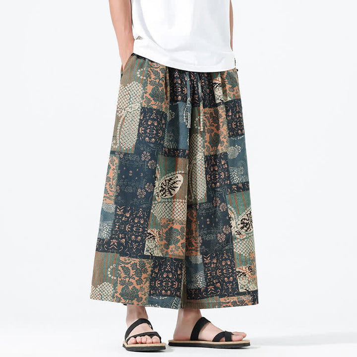 Buddha Stones Pantalones cortos de manga ancha para hombre, estilo boho casual, con cordón ajustable, estampado floral y patchwork, ideales para primavera y verano. - image 6
