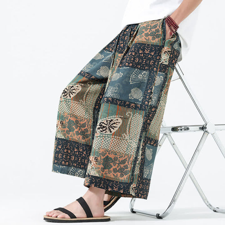 Buddha Stones Pantalones cortos de manga ancha para hombre, estilo boho casual, con cordón ajustable, estampado floral y patchwork, ideales para primavera y verano. - image 8