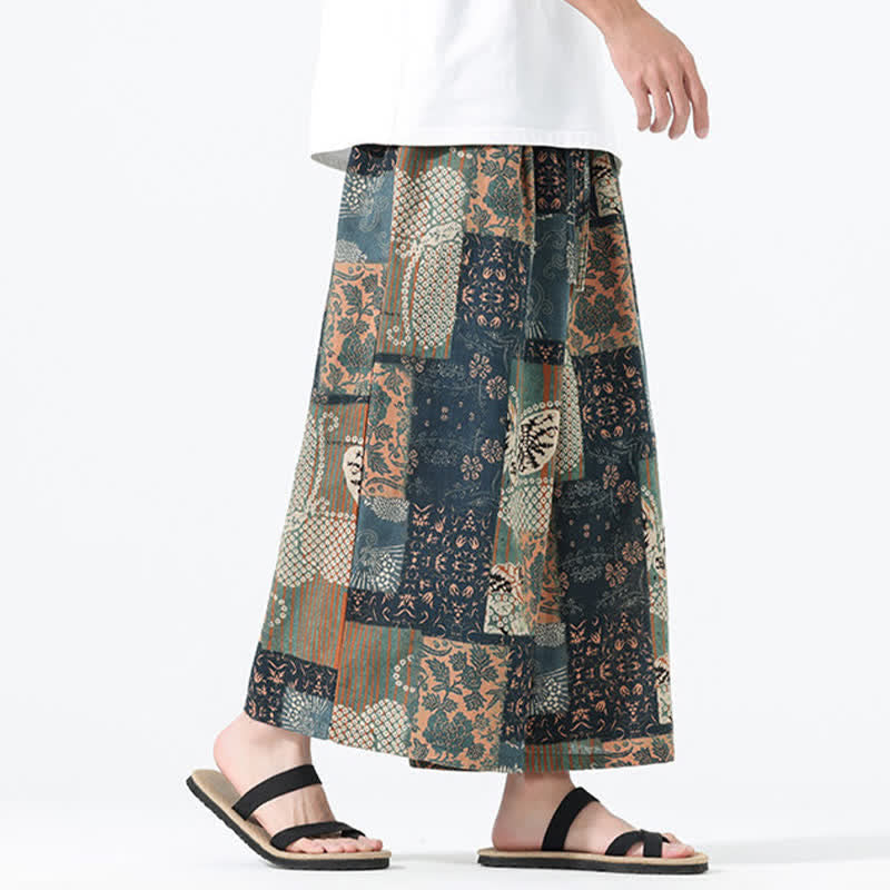 Buddha Stones Pantalones cortos de manga ancha para hombre, estilo boho casual, con cordón ajustable, estampado floral y patchwork, ideales para primavera y verano. - image 3