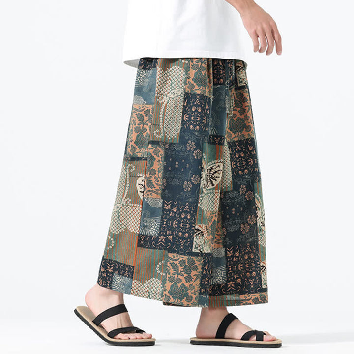 Buddha Stones Pantalones cortos de manga ancha para hombre, estilo boho casual, con cordón ajustable, estampado floral y patchwork, ideales para primavera y verano. - image 3