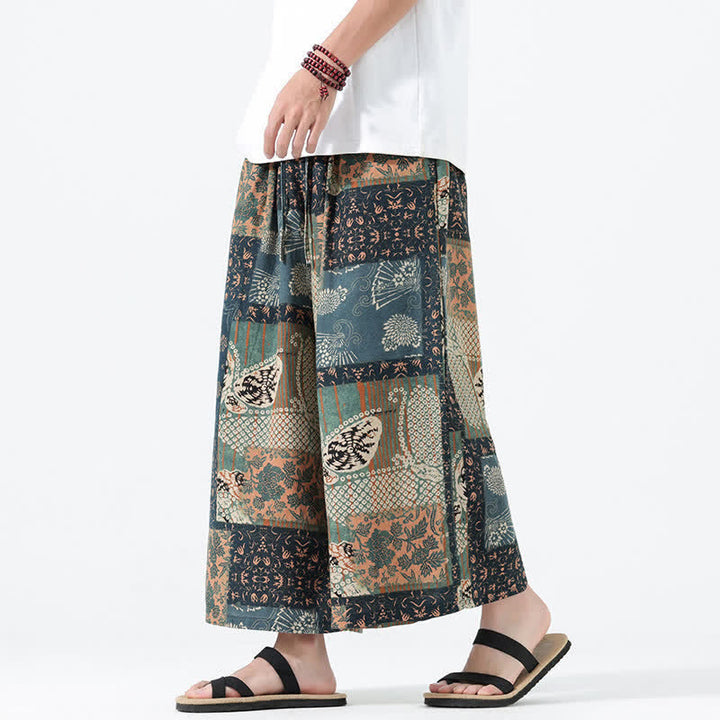 Buddha Stones Pantalones cortos de manga ancha para hombre, estilo boho casual, con cordón ajustable, estampado floral y patchwork, ideales para primavera y verano. - image 1