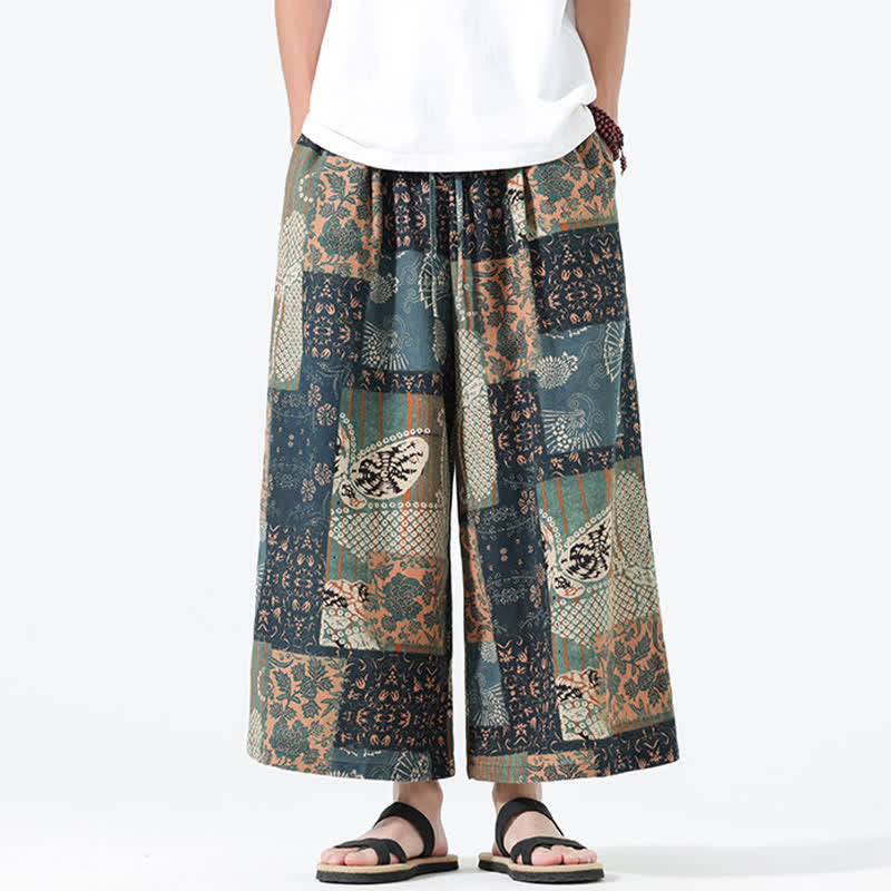 Buddha Stones Pantalones cortos de manga ancha para hombre, estilo boho casual, con cordón ajustable, estampado floral y patchwork, ideales para primavera y verano. - image 2