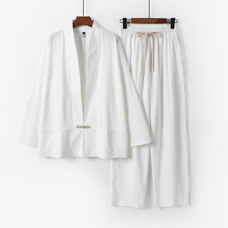 Buddha Stones Conjunto de 2 piezas de kimono de ramio liso con cuello en V y cordón ajustable para hombre, ideal para meditación, con bolsillos. - Blanco - US/UK/AU54, EU64 (9XL) - image 10