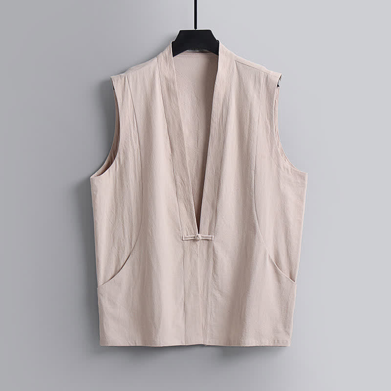 Buddha Stones Conjunto de 2 piezas de ropa de meditación estilo Tang de verano con botones de rana, camisa sin mangas de lino con cuello en V y pantalones, ropa de meditación para hombre con bolsillos. - image 19