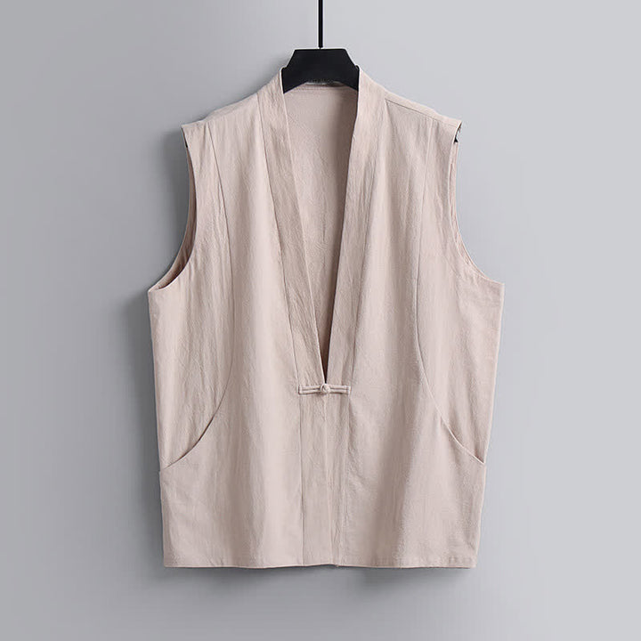 Buddha Stones Conjunto de 2 piezas de ropa de meditación estilo Tang de verano con botones de rana, camisa sin mangas de lino con cuello en V y pantalones, ropa de meditación para hombre con bolsillos. - image 19