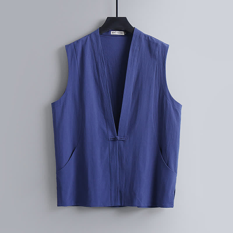 Buddha Stones Conjunto de 2 piezas de ropa de meditación estilo Tang de verano con botones de rana, camisa sin mangas de lino con cuello en V y pantalones, ropa de meditación para hombre con bolsillos. - image 1