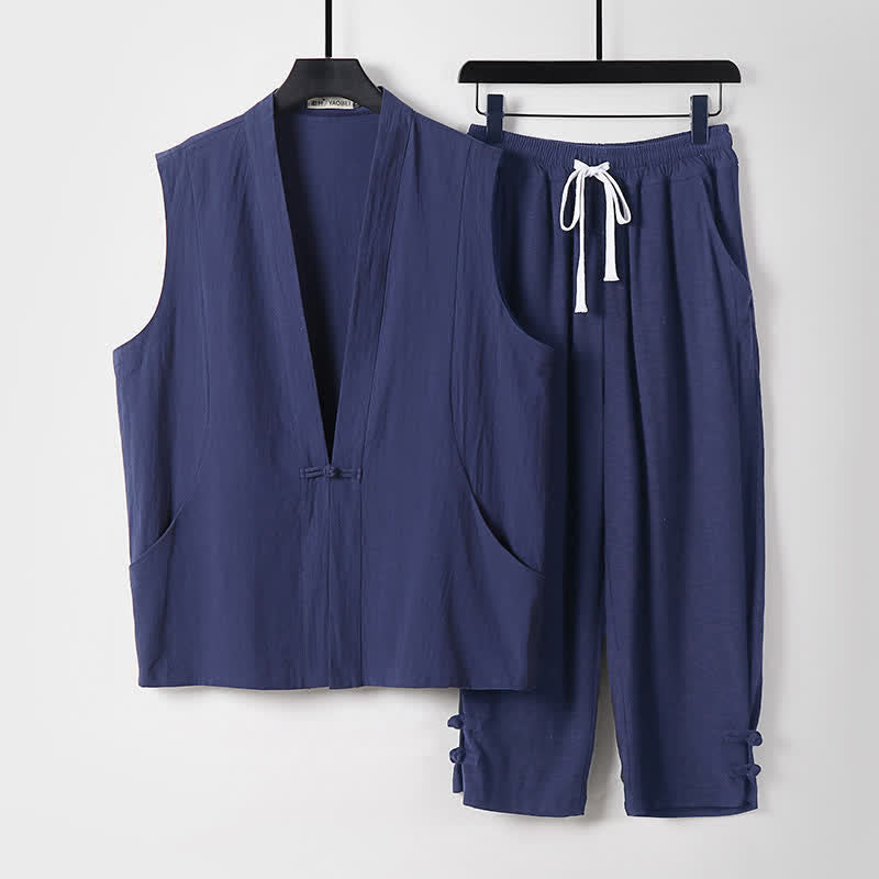 Buddha Stones Conjunto de 2 piezas de ropa de meditación estilo Tang de verano con botones de rana, camisa sin mangas de lino con cuello en V y pantalones, ropa de meditación para hombre con bolsillos. - Azul medianoche - US/UK/AU54, EU64 (9XL) - image 0