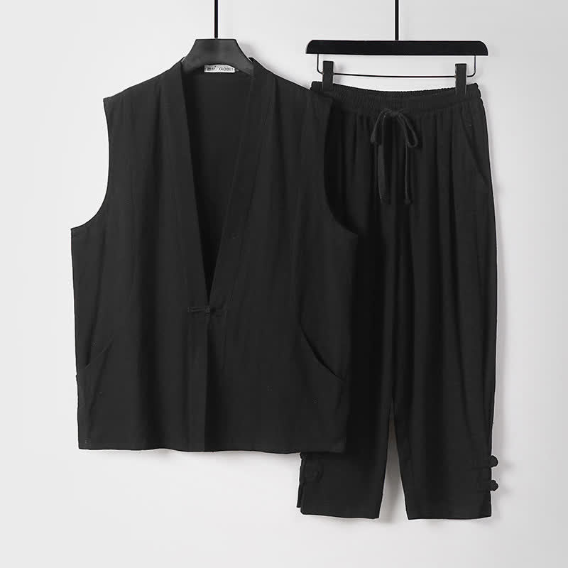 Buddha Stones Conjunto de 2 piezas de ropa de meditación estilo Tang de verano con botones de rana, camisa sin mangas de lino con cuello en V y pantalones, ropa de meditación para hombre con bolsillos. - Negro - US/UK/AU54, EU64 (9XL) - image 16