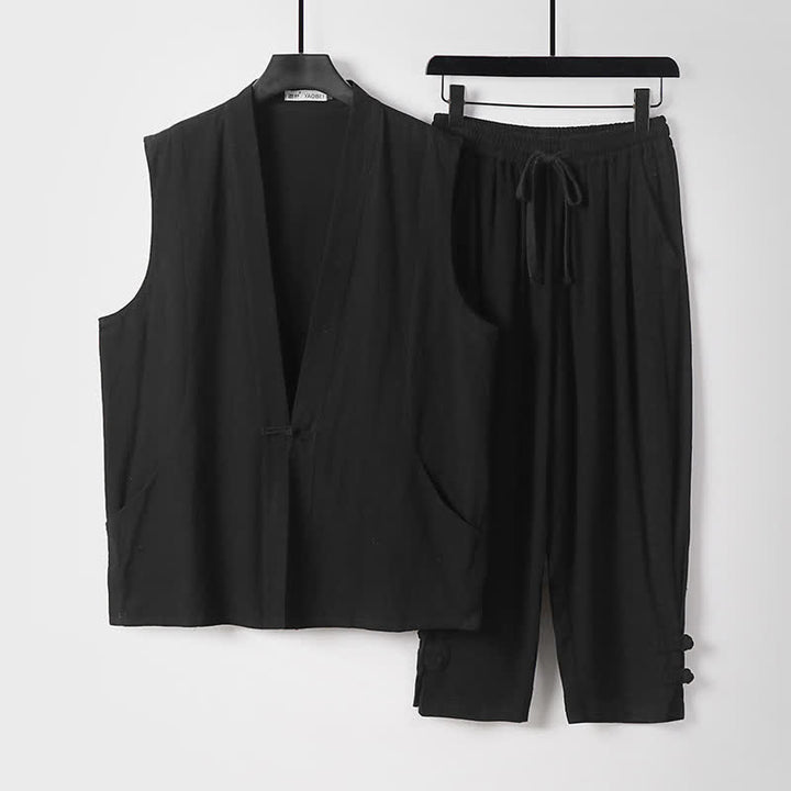 Buddha Stones Conjunto de 2 piezas de ropa de meditación estilo Tang de verano con botones de rana, camisa sin mangas de lino con cuello en V y pantalones, ropa de meditación para hombre con bolsillos. - Negro - US/UK/AU54, EU64 (9XL) - image 16