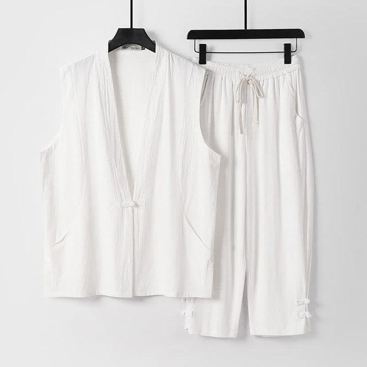 Buddha Stones Conjunto de 2 piezas de ropa de meditación estilo Tang de verano con botones de rana, camisa sin mangas de lino con cuello en V y pantalones, ropa de meditación para hombre con bolsillos. - Blanco - US/UK/AU54, EU64 (9XL) - image 21