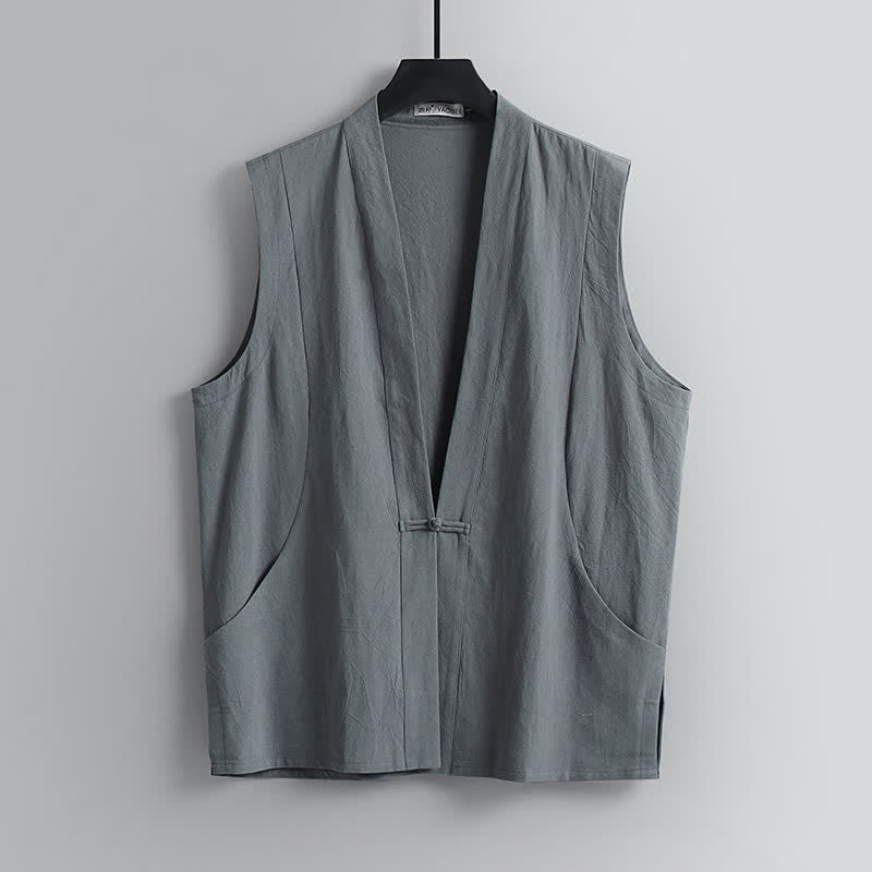 Buddha Stones Conjunto de 2 piezas de ropa de meditación estilo Tang de verano con botones de rana, camisa sin mangas de lino con cuello en V y pantalones, ropa de meditación para hombre con bolsillos. - image 3