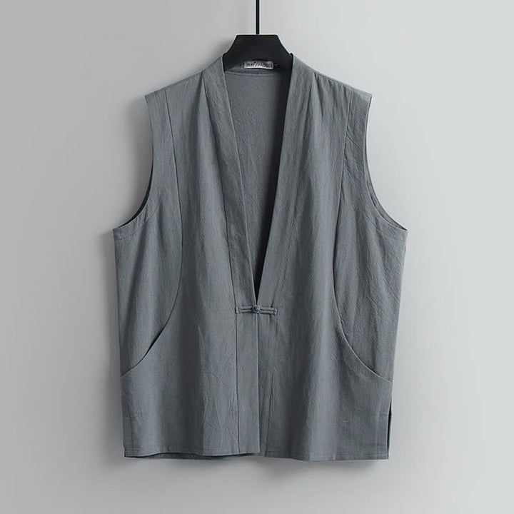 Buddha Stones Conjunto de 2 piezas de ropa de meditación estilo Tang de verano con botones de rana, camisa sin mangas de lino con cuello en V y pantalones, ropa de meditación para hombre con bolsillos. - image 3