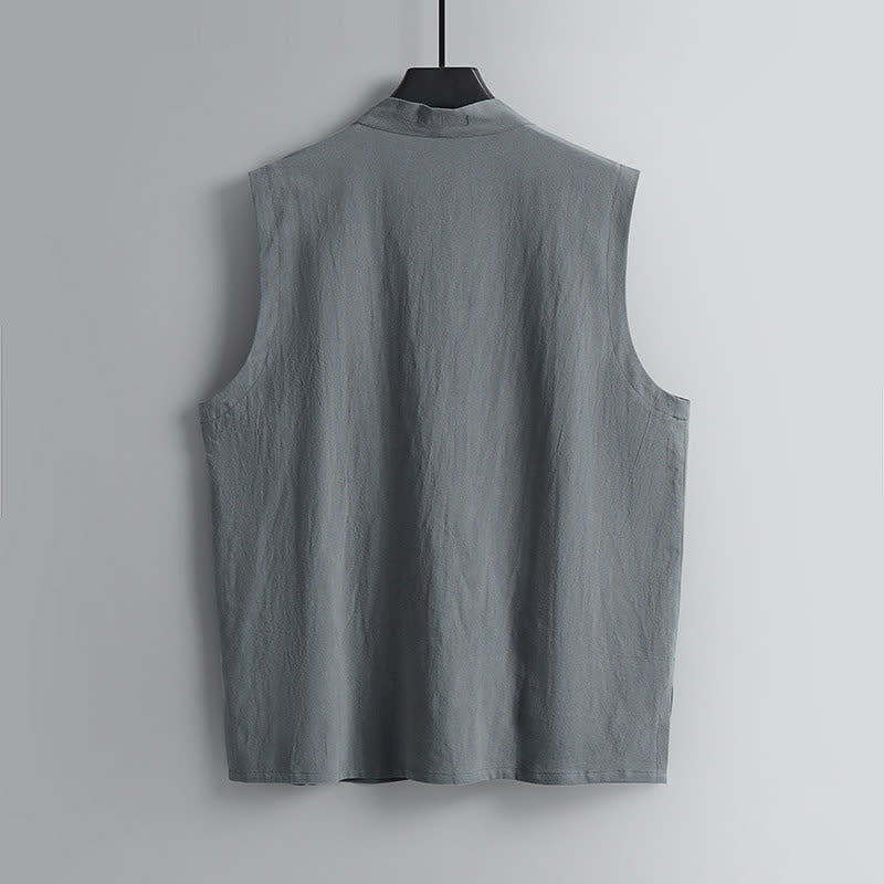 Buddha Stones Conjunto de 2 piezas de ropa de meditación estilo Tang de verano con botones de rana, camisa sin mangas de lino con cuello en V y pantalones, ropa de meditación para hombre con bolsillos. - image 4